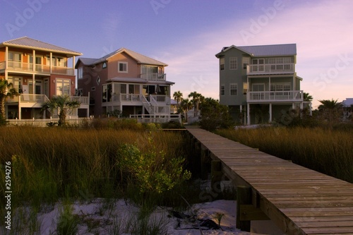 beach houses at sunset