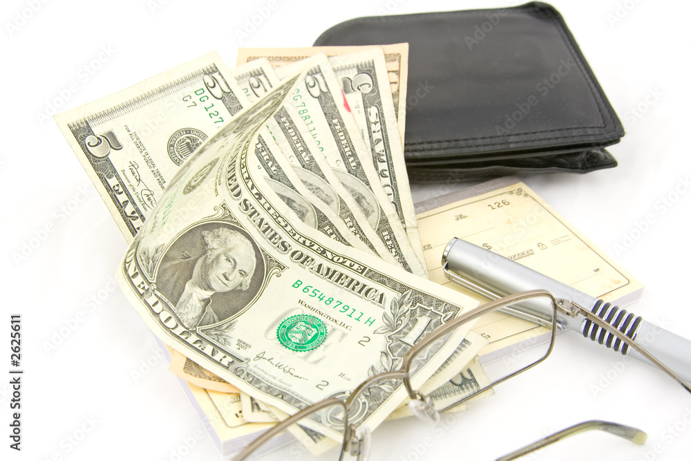 money wallet pen check book and glasses
