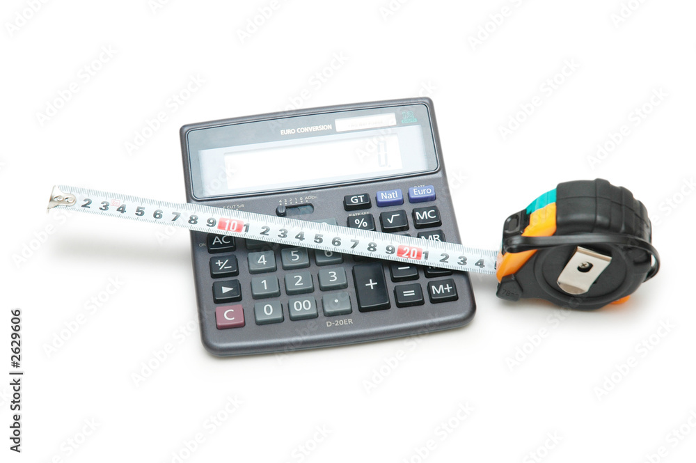 calculator and tape measure isolated on white calculator and tape measure isolated on white