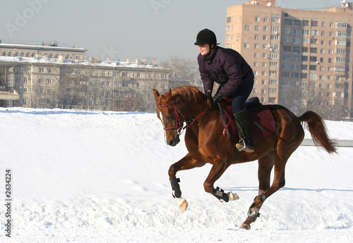 the girl the equestrian skips on a horse