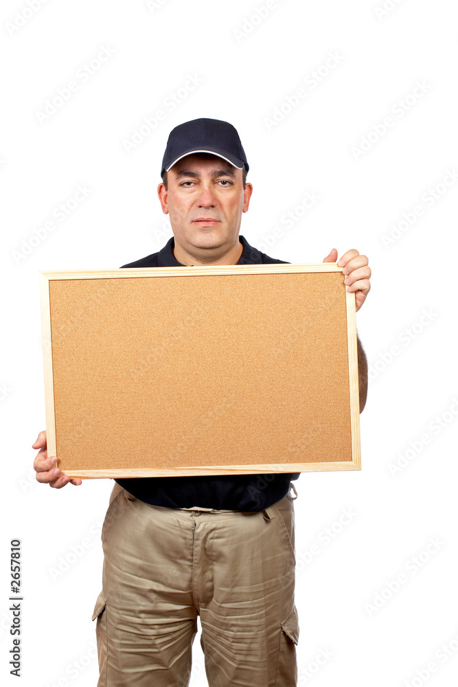 courier holding the empty corkboard courier holding the empty corkboard