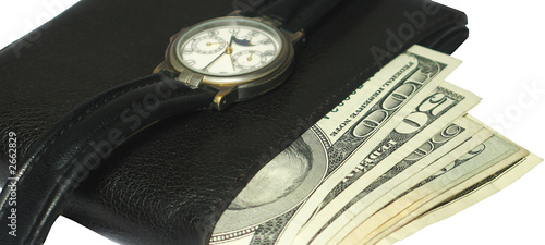 Bilde på lerret wallet full with money and a watch over close up