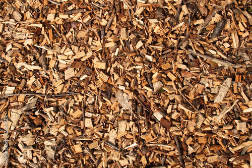 wood chippings in a garden, close up background.