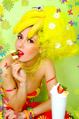 card of banana lady framed with rendered flowers