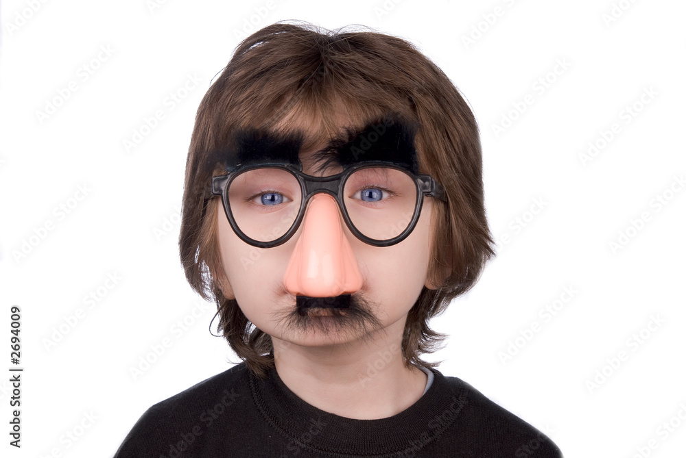 boy wearing fake nose and glasses