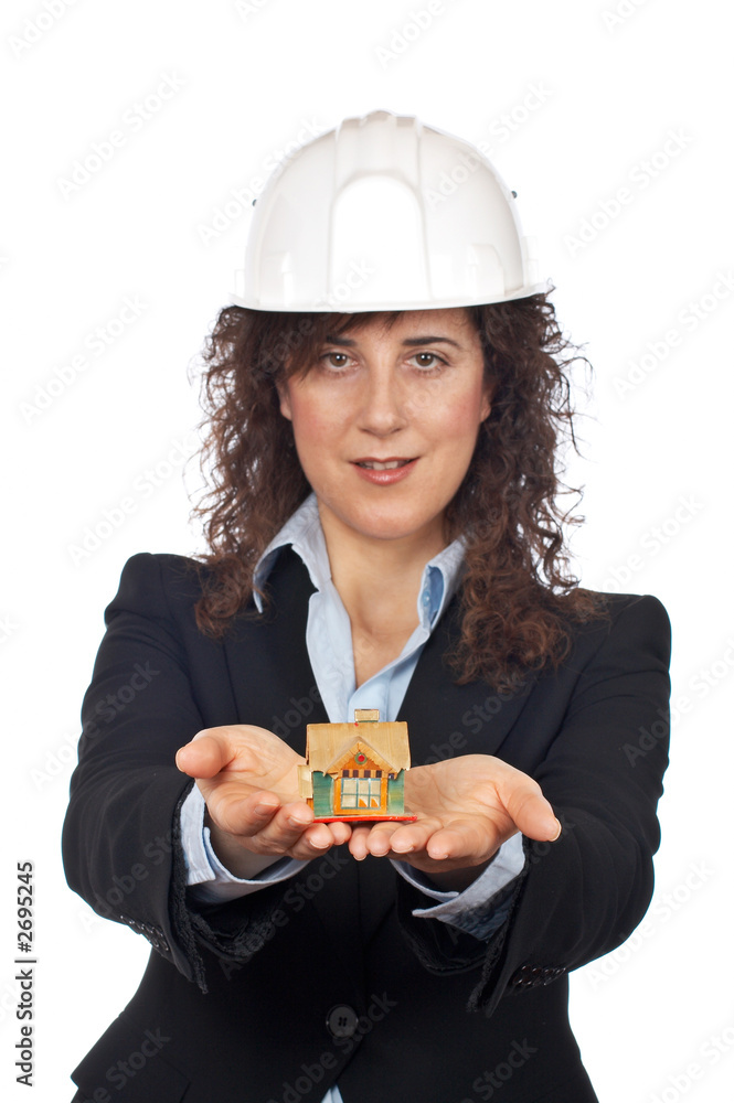 female architect holding and showing the house female architect holding and showing the house