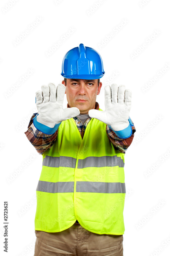 construction worker with gloves, order to stop construction worker with gloves, order to stop