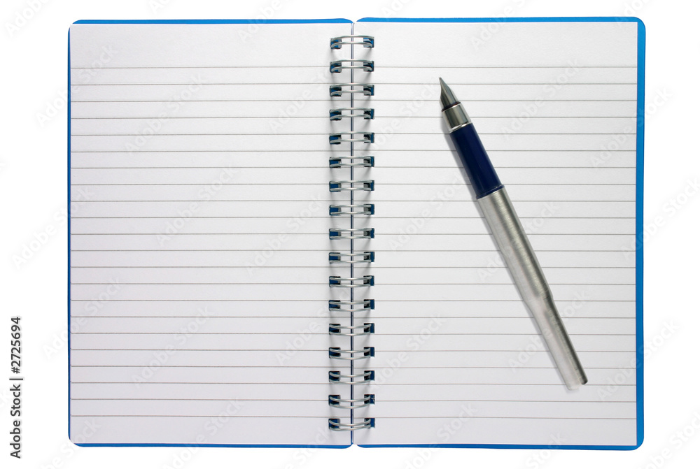 a small spiral notepad and fountain pen.