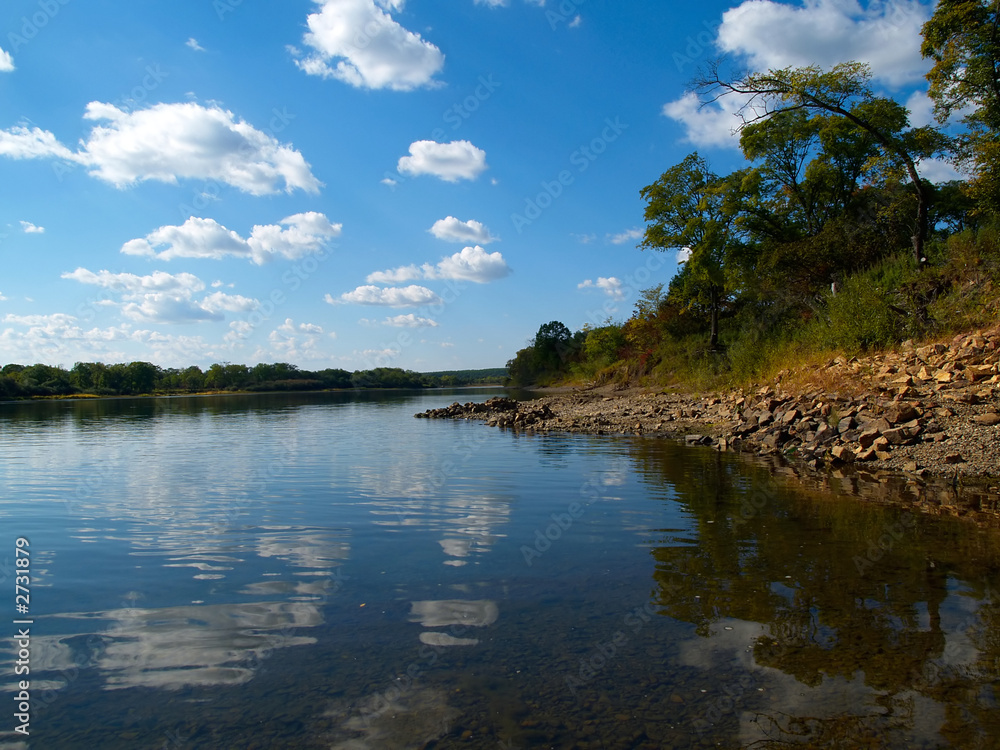 river landscape with blue sky and white clouds reflection