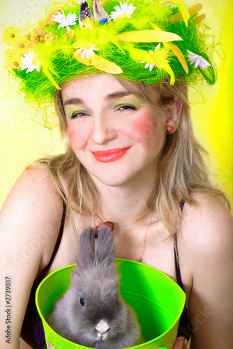 spring girl holding a bunny