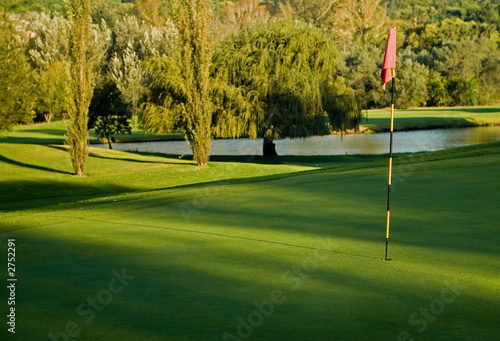 golf green, flag and water hazard