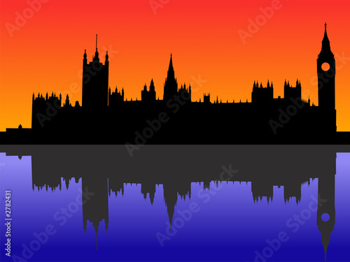 houses of parliament london reflected at dusk