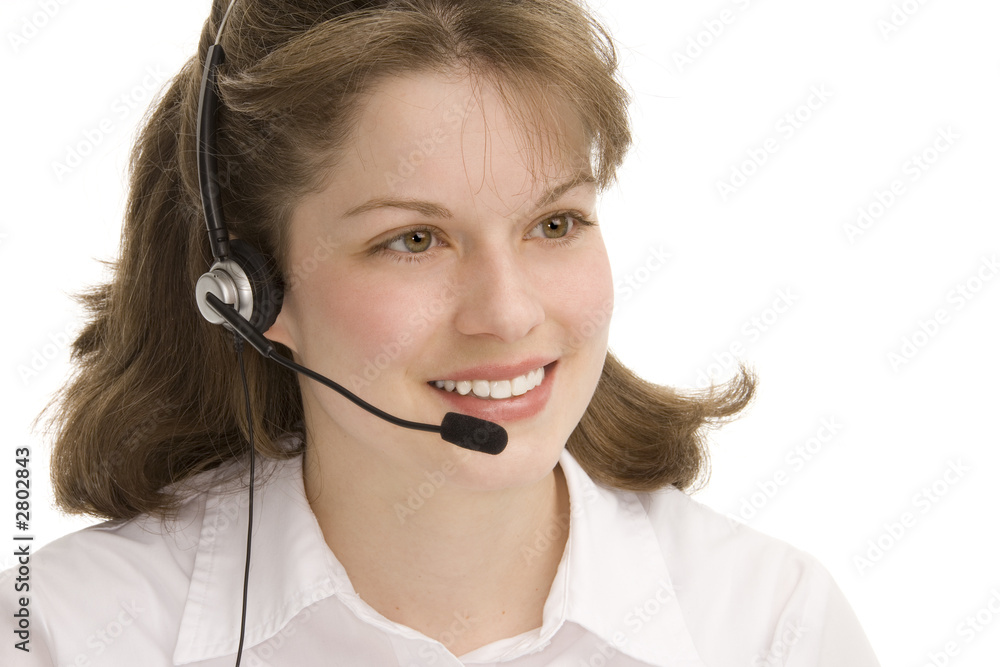 female receptionist with headphones, communicating female receptionist with headphones, communicating