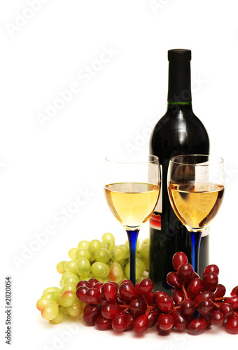two glasses of wine, bottle and grapes isolated on white