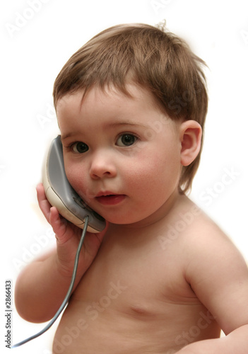 baby using mouse as phone