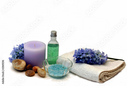 hyacinth candle bath salts and shower gel in blues purples and g