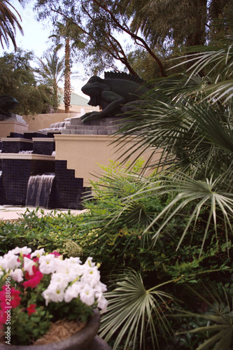 outdoor waterfall and garden scene