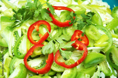close up of salad with fresh herbs and bell peppers
