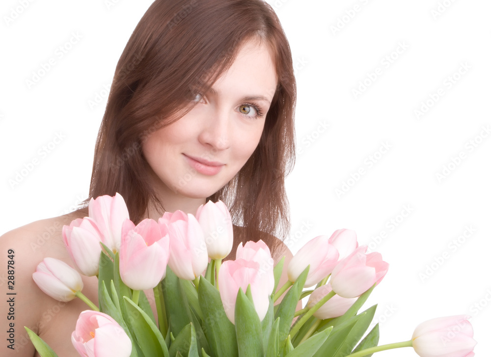 woman portrait with bouquet of tulips woman portrait with bouquet of tulips