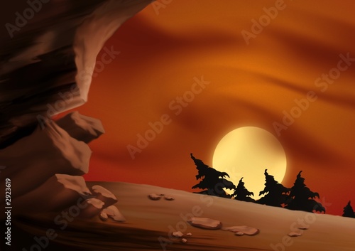 red sky and cave