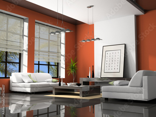home interior with sofas red 3d rendering