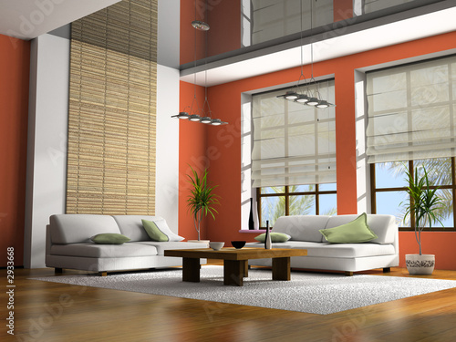home interior with table and sofas 3d rendering