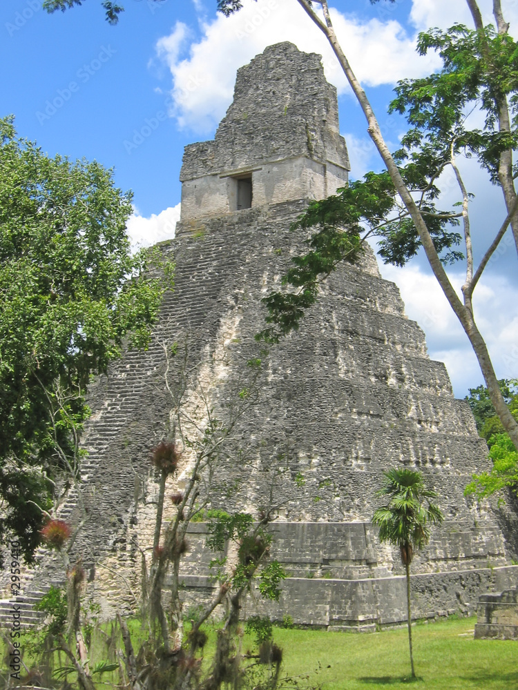 main building of old maya ruins in the peten jungle, tikal, guat