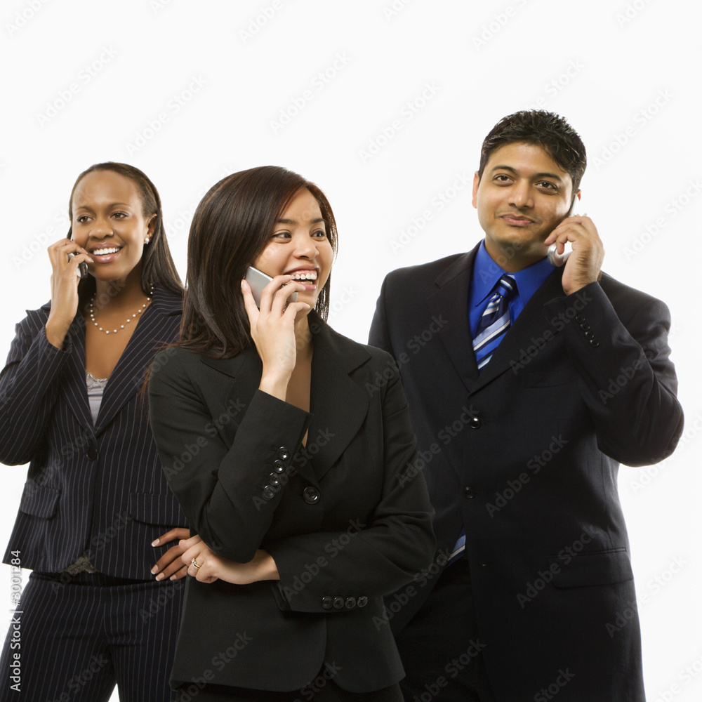 businesswomen and businessman talking on cell phones. businesswomen and businessman talking on cell phones.