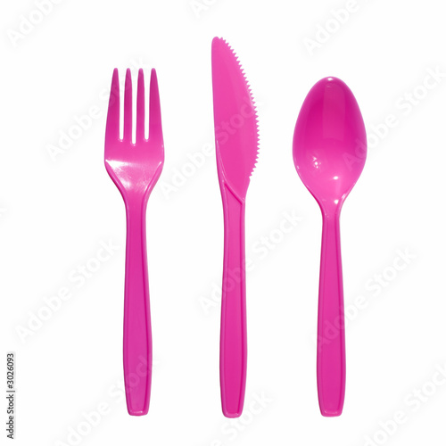 vibrant pink plastic  fork, knife and spoon