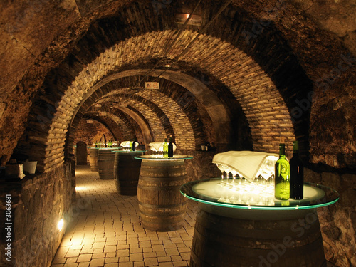 wine barrels in the old cellar of the winery.