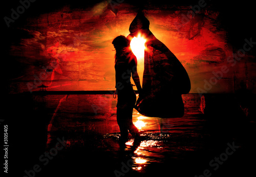 red grudge background with woman on beach