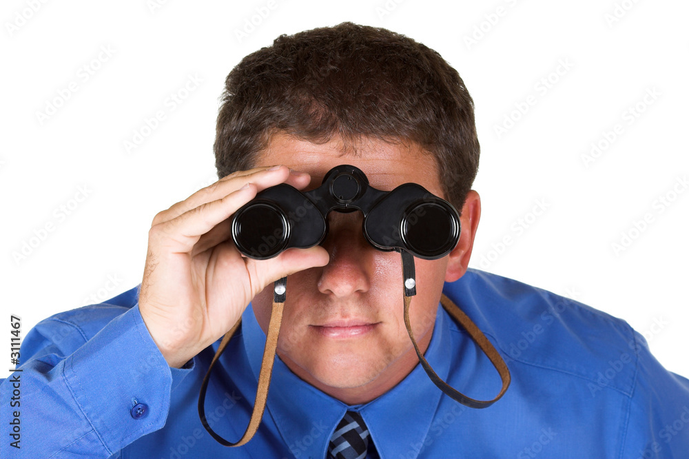 isolated young businessman looking through binocul isolated young businessman looking through binocul