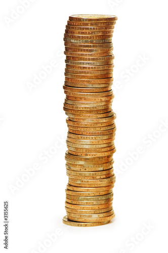 high stack of coins isolated on white