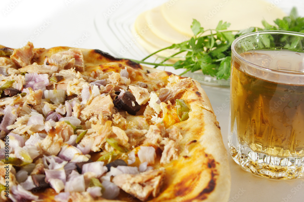pizza with tuna fish & apple juice 2 pizza with tuna fish & apple juice 2