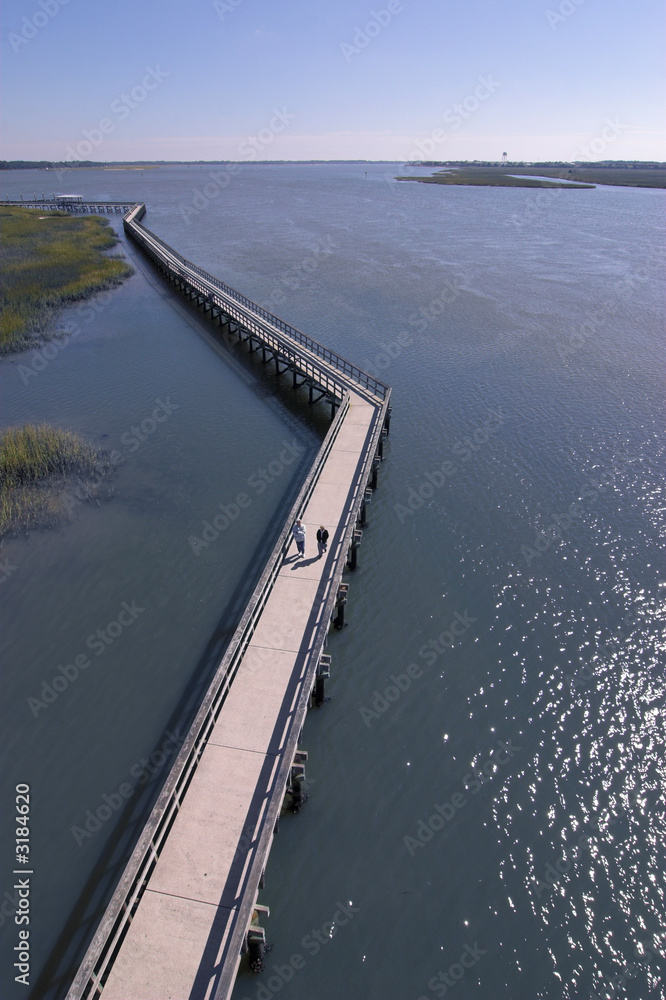 aerial view of couple on boardwalk