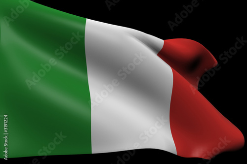 Bandiera italiana. Render 3D del tricolore italiano che si piega al vento, su sfondo nero. Perfetto per progetti di design patriottico e nazionalistico.