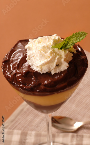 close up of chocolate and vanilla pudding