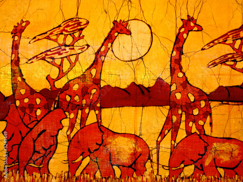African art batik wall decoration with giraffes and elephants.