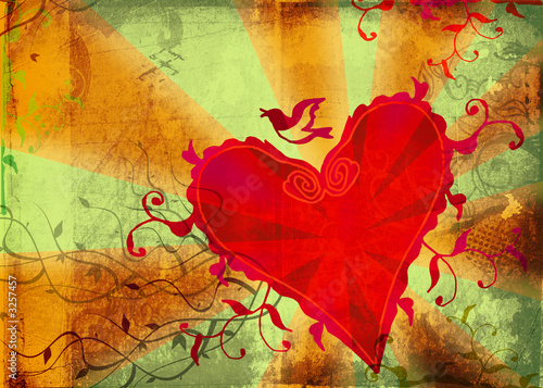 Grunge red heart and floral shapes on green