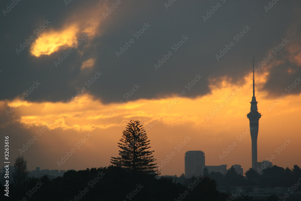 sky tower at sunset