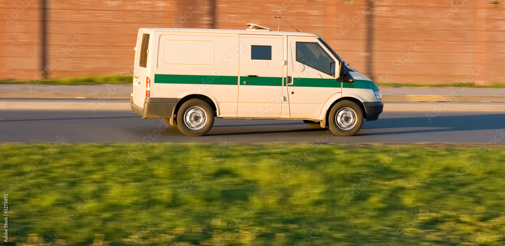 armored van truck running collecting cash