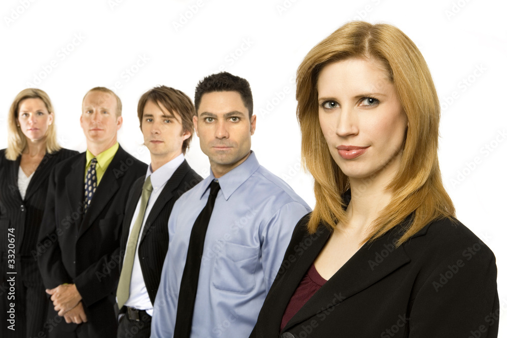 a businesswoman stands confidently with team a businesswoman stands confidently with team