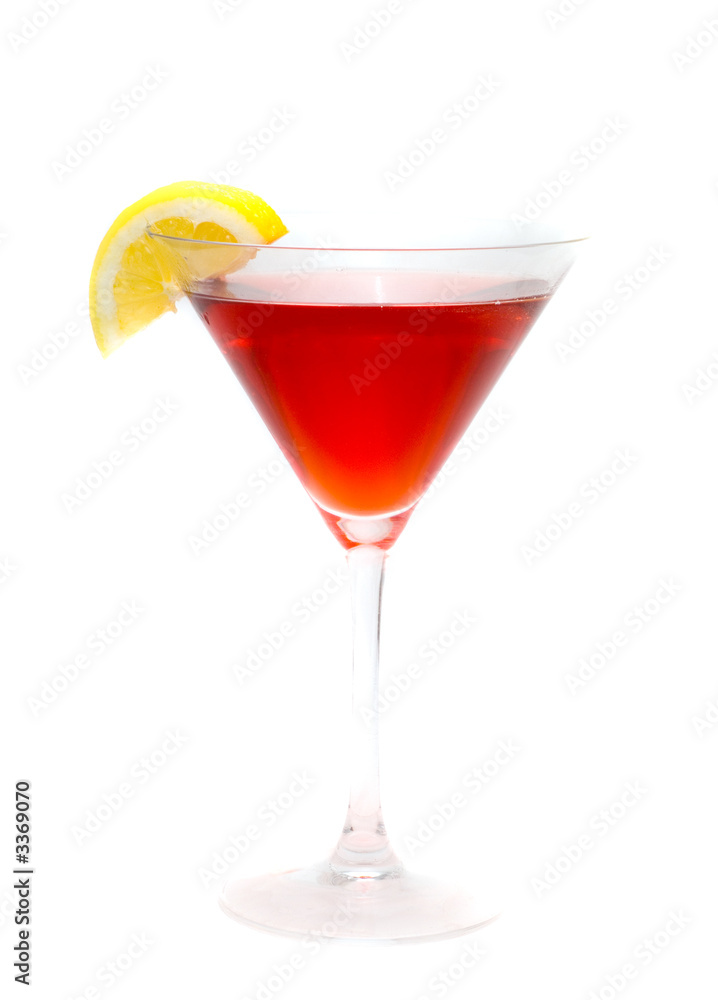 a cocktail  with an lemon on a white background
