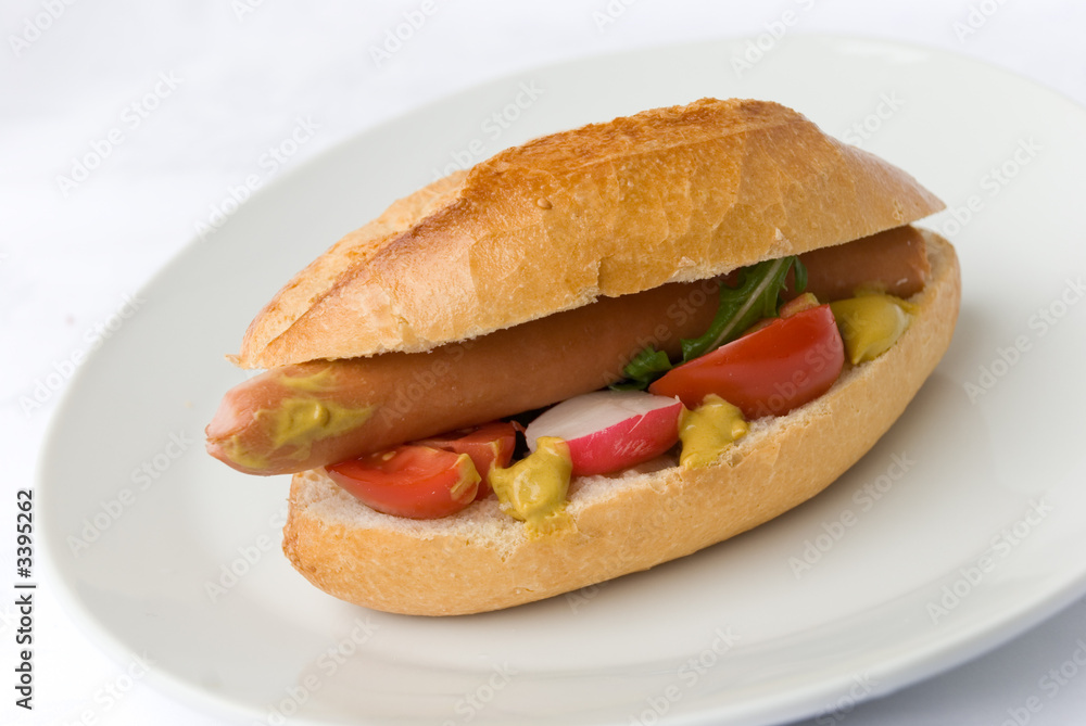 hot dog - saftiges wuerstchen mit senf und tomaten hot dog - saftiges wuerstchen mit senf und tomaten