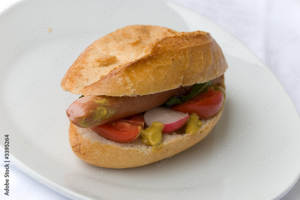 hot dog - wurst im brütchen mit senf,gemüse Stock Photo | Adobe Stock