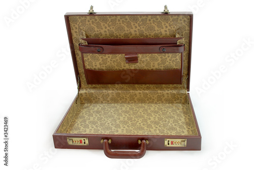 Opened brown business suitcase - isolated