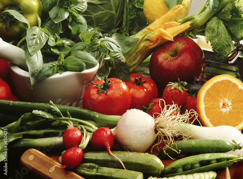 mix vegetables and fruit on a table photo