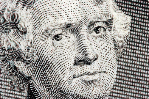 thomas jefferson close up from two dollar bill photo