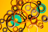 Assorted technical washers of fibre, copper and steel. circles