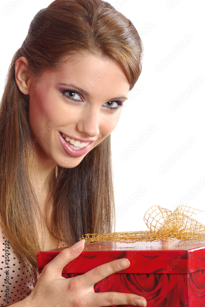 smiling woman holding a gift box